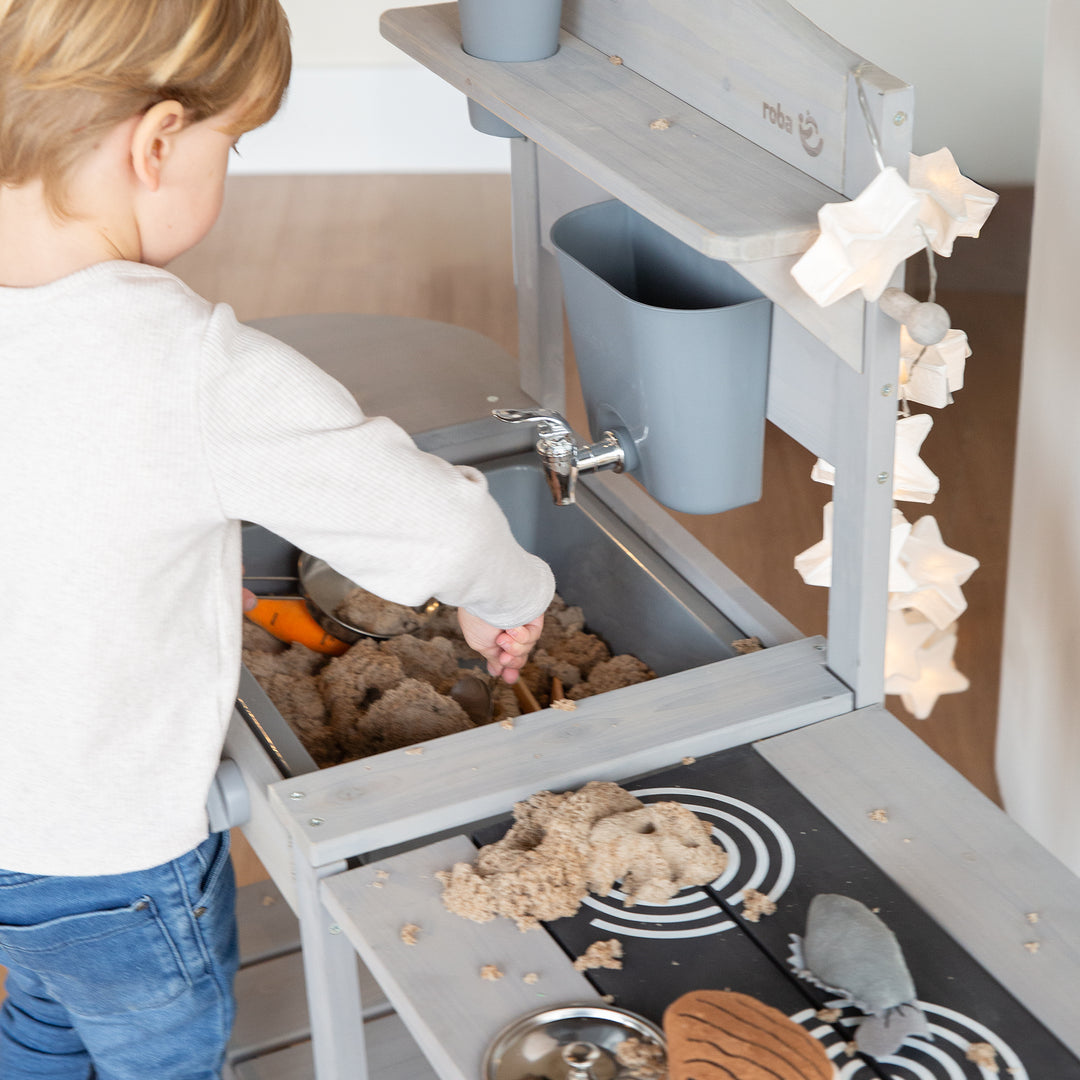 Mobile Matsch- & Spielküche BBQ für Kinder - FSC-zertifiziertes Holz - Grau lasiert