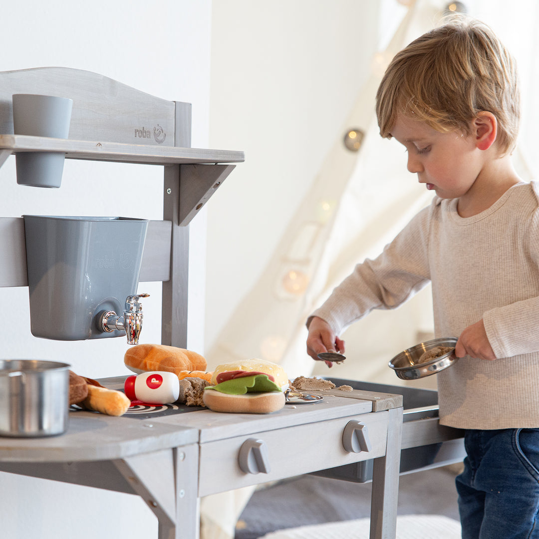 Mobile Matsch- & Spielküche BBQ für Kinder - FSC-zertifiziertes Holz - Grau lasiert