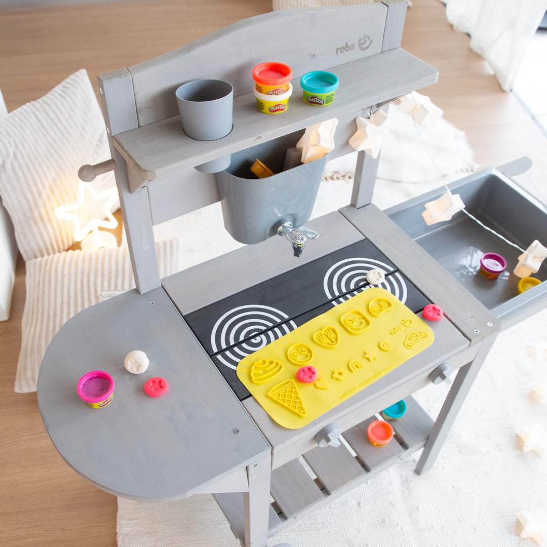 Mobile Matsch- & Spielküche BBQ für Kinder - FSC-zertifiziertes Holz - Grau lasiert