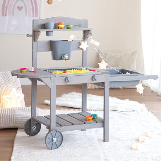 Mobile Matsch- & Spielküche BBQ für Kinder - FSC-zertifiziertes Holz - Grau lasiert
