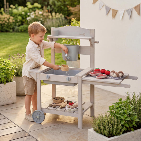 Mobile Matsch- & Spielküche BBQ für Kinder - FSC-zertifiziertes Holz - Grau lasiert