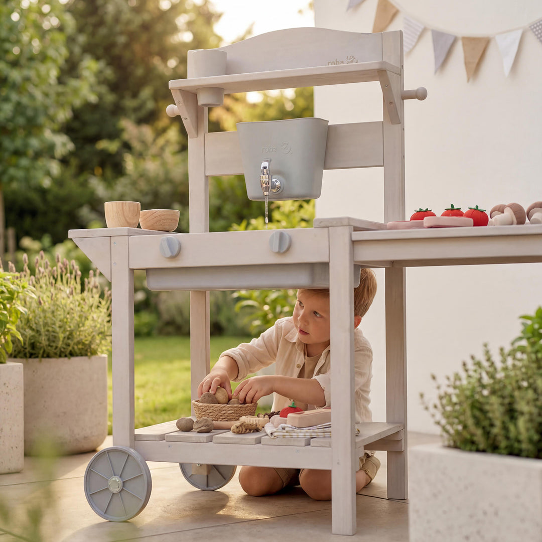 Mobile Matsch- & Spielküche BBQ für Kinder - FSC-zertifiziertes Holz - Grau lasiert