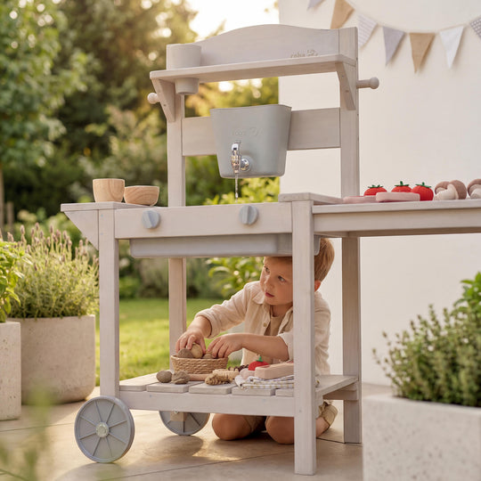 Mobile Matsch- & Spielküche BBQ für Kinder - FSC-zertifiziertes Holz - Grau lasiert