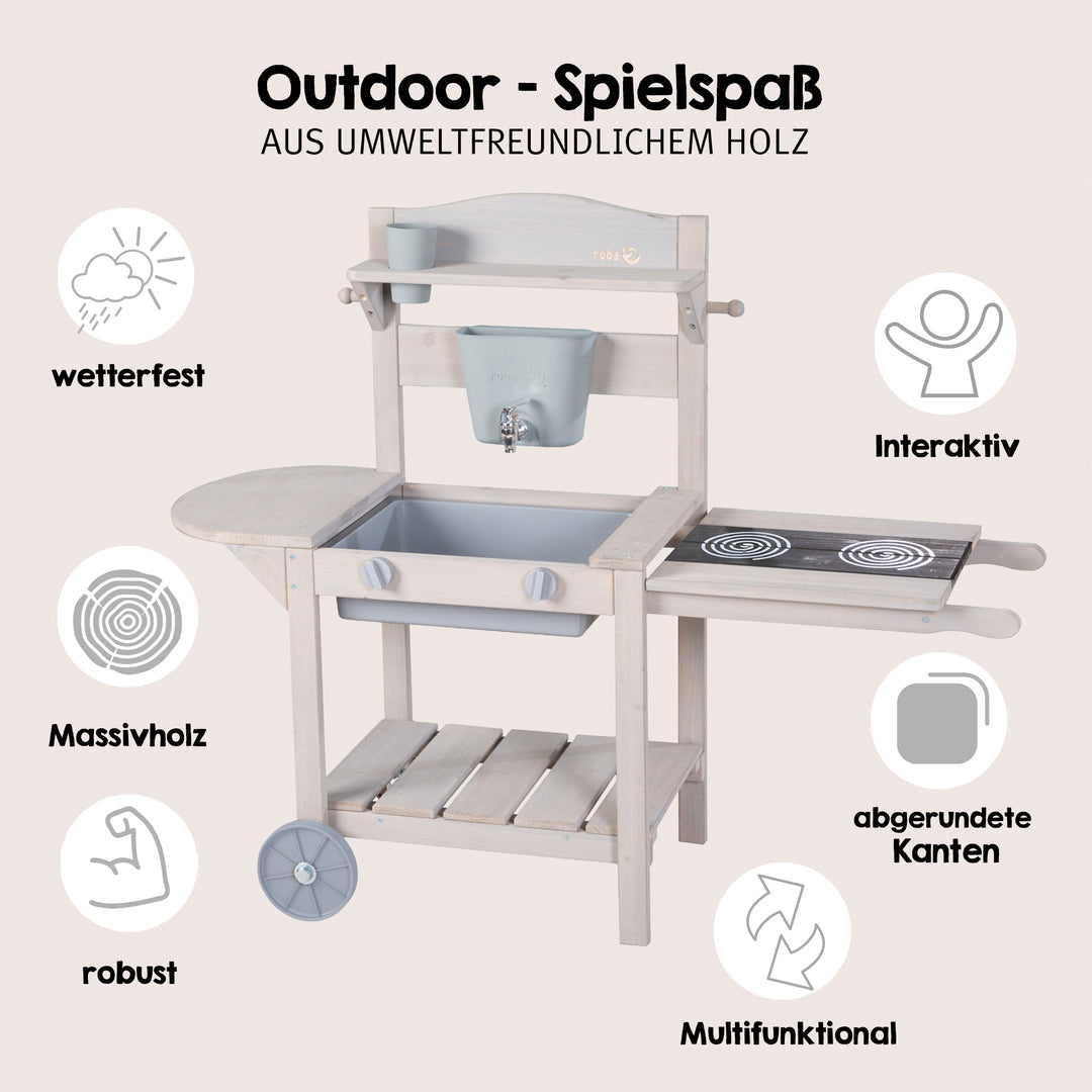 Mobile Matsch- & Spielküche BBQ für Kinder - FSC-zertifiziertes Holz - Grau lasiert