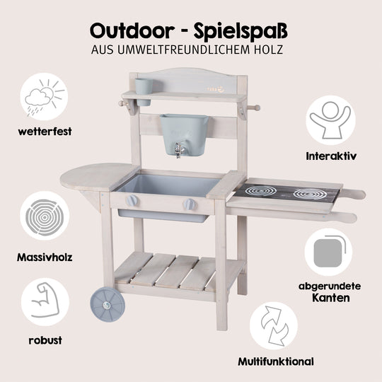 Mobile Matsch- & Spielküche BBQ für Kinder - FSC-zertifiziertes Holz - Grau lasiert