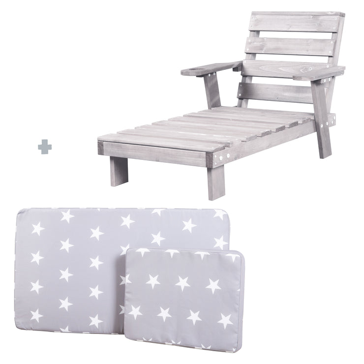 Chaise longue pour enfants d'extérieur en bois certifié FSC avec coussin d'assise - Gris lasuré