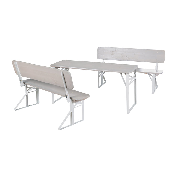 Outdoor Party Set with Backrest - 2 Benches + 1 Table - Gray Stained Wood