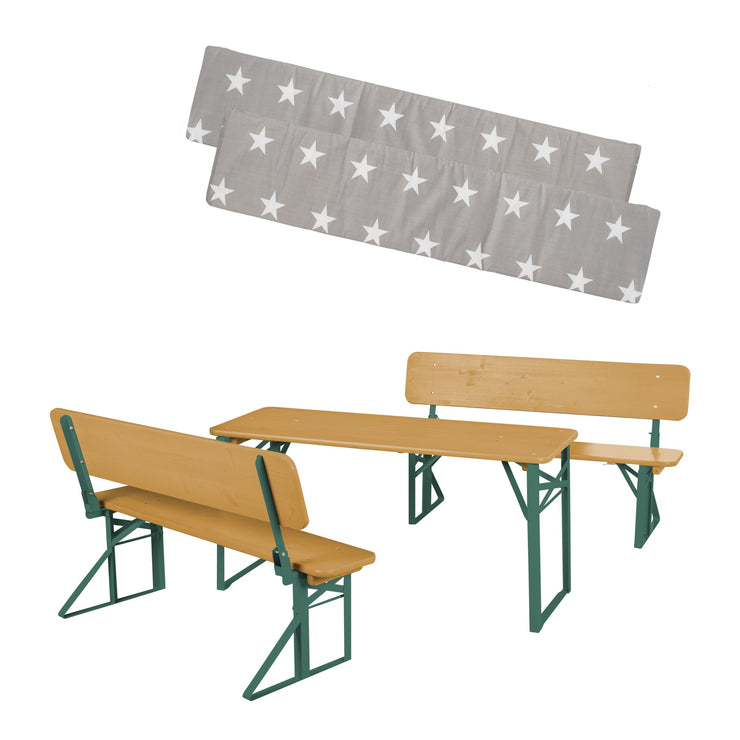 Set per feste all'aperto con schienale - 2 panche + 1 tavolo - legno verniciato teak