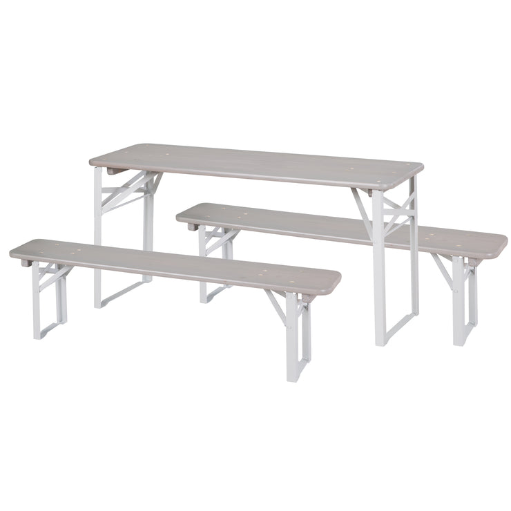 Outdoor Wooden Party Set - 2 Benches + 1 Children's Table - Gray Stained