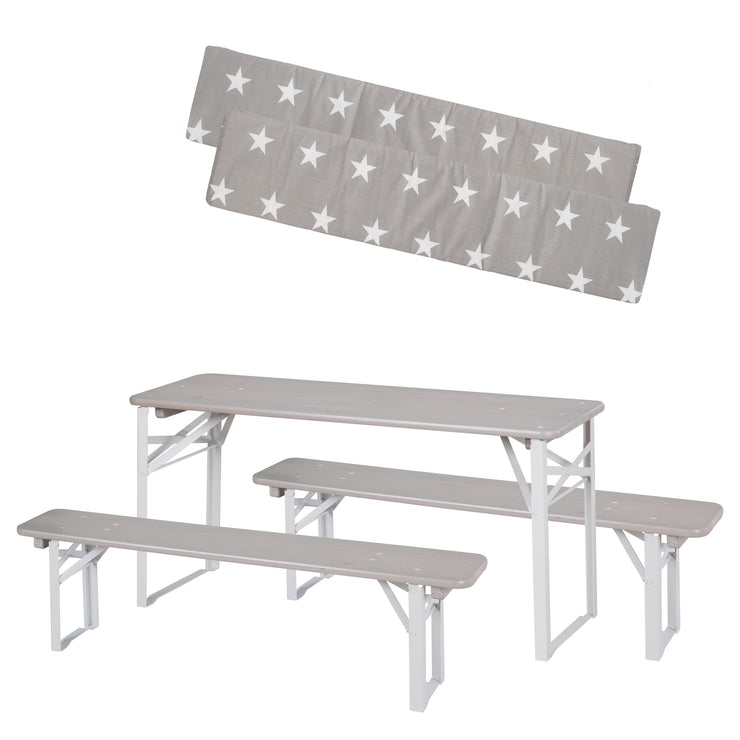 Garniture de fête d'extérieur en bois - 2 bancs + 1 table pour enfants - lasuré gris