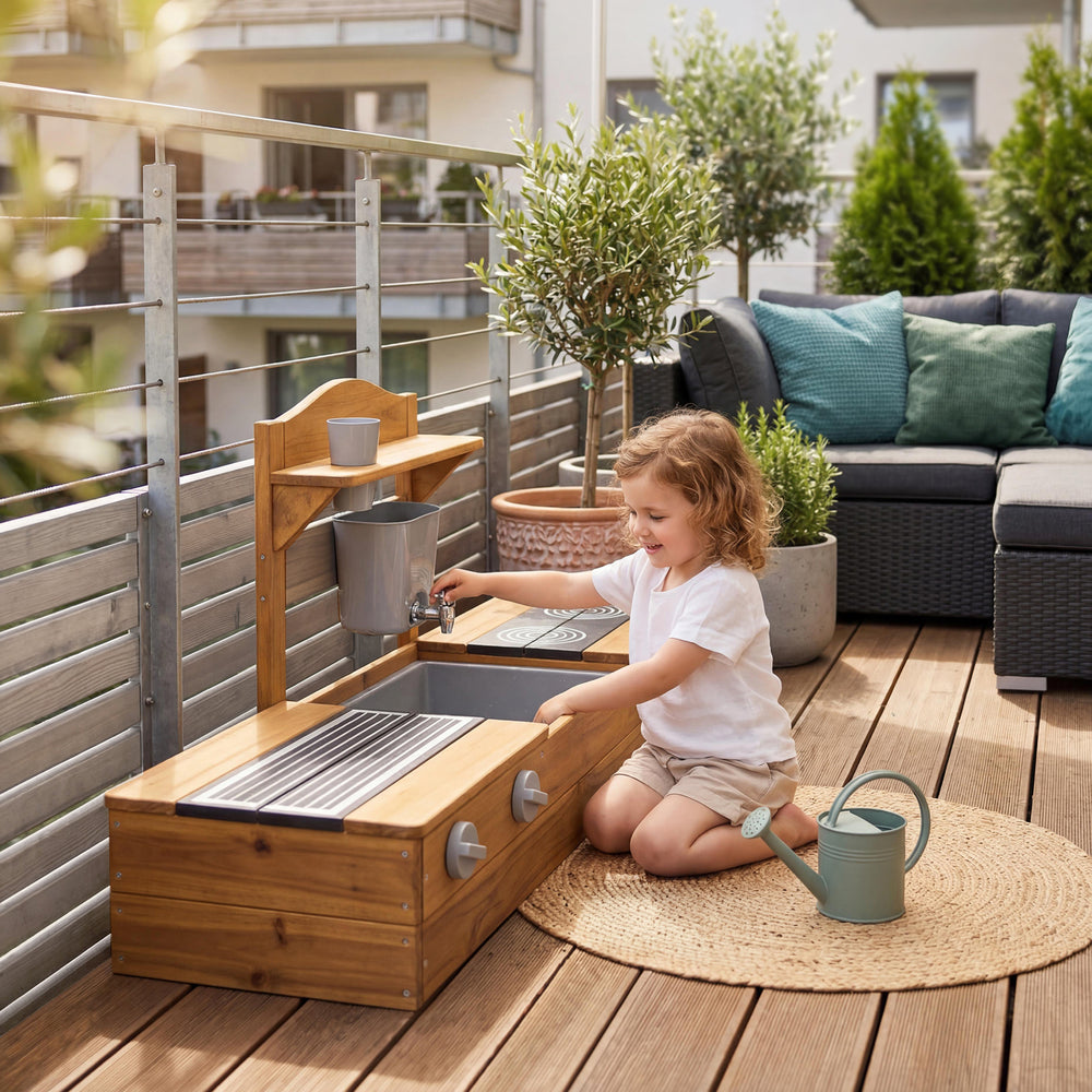 2 en 1 arenero de balcón y cocina de juguete - Certificado FSC® - Madera maciza lacada en teca