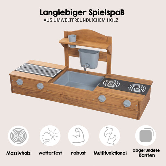 2in1 Balkonsandkasten & Matschküche - FSC®-zertifiziert - Teakfarben lasiertes Massivholz – Infografik (6/6)
