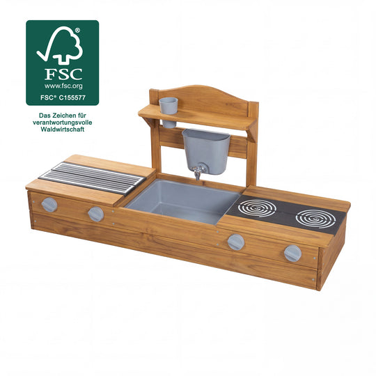 2 en 1 arenero de balcón y cocina de juguete - Certificado FSC® - Madera maciza lacada en teca