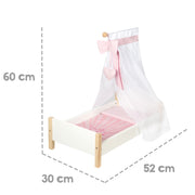 Cama para muñecas 'Scarlett', lacada en blanco, con mobiliario textil, ropa de cama y dosel rosa