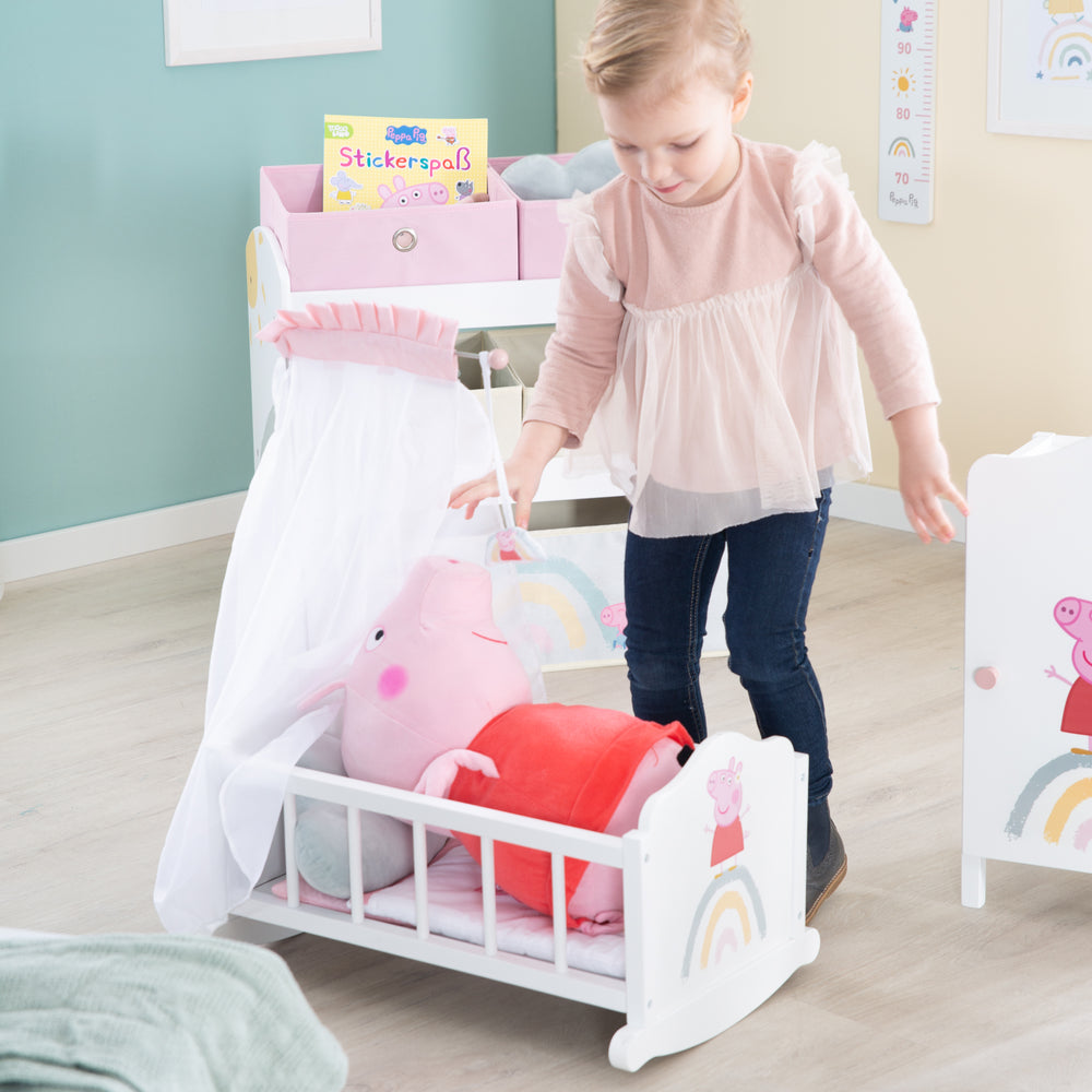 Culla per bambole 'Peppa Pig' con attrezzatura tessile - verniciata in bianco