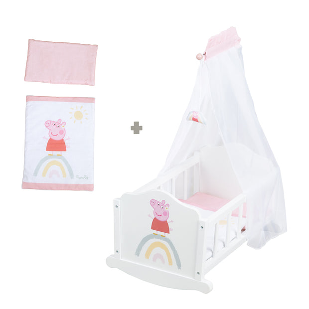 Doll's Cradle 'Peppa Pig' with Textile Accessories - White Lacquered