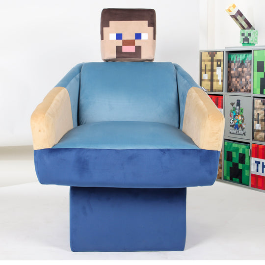 Fauteuil pivotant 'Minecraft' - Design Steve avec accoudoirs et appuie-tête - Bleu / Beige