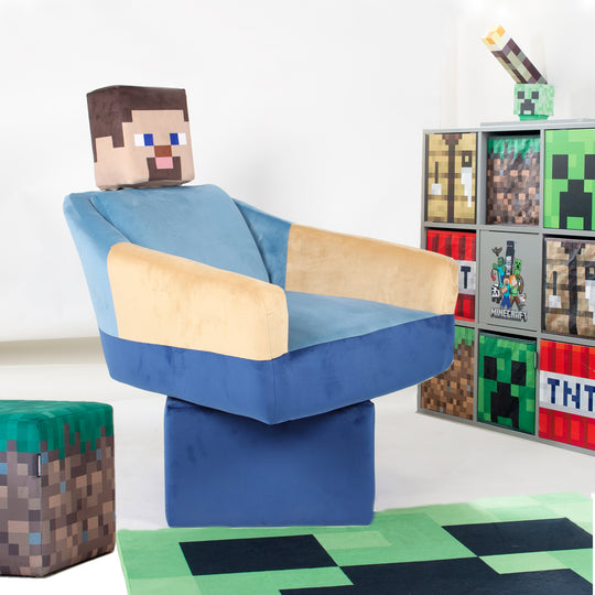 Fauteuil pivotant 'Minecraft' - Design Steve avec accoudoirs et appuie-tête - Bleu / Beige