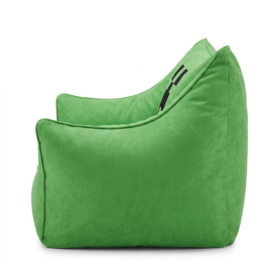 Sillón puf verde en vista lateral sin bolsillo, reposabrazos y respaldo de perfil, sobre fondo blanco.