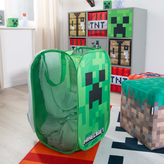 Panier à linge 'Minecraft' – Pliable avec 2 poignées – Design Creeper – Vert / Noir