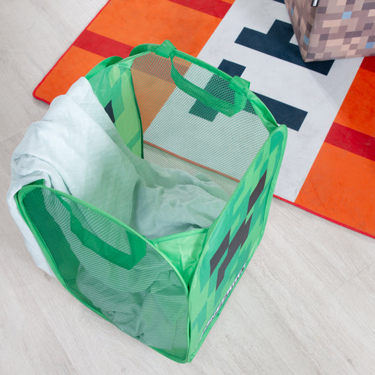 Panier à linge 'Minecraft' – Pliable avec 2 poignées – Design Creeper – Vert / Noir