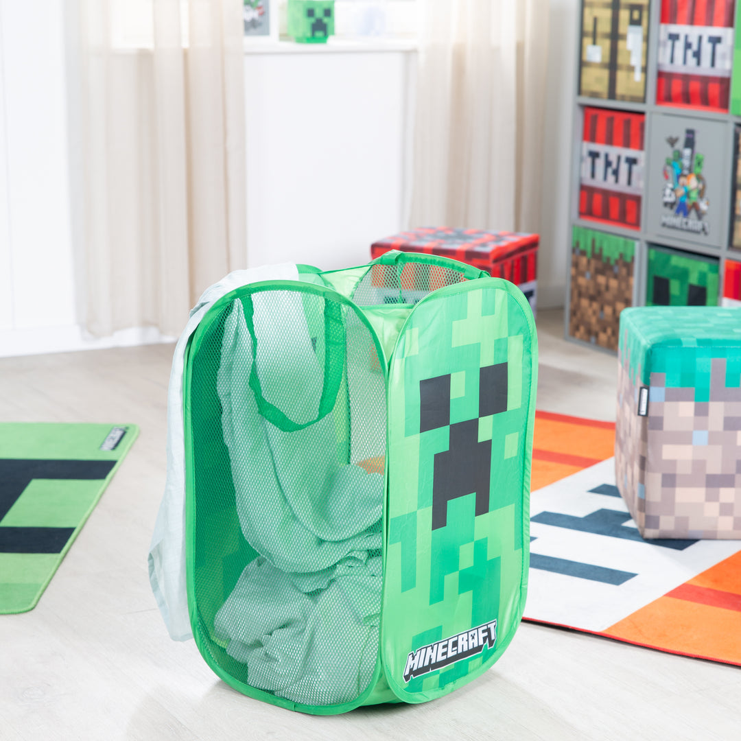Panier à linge 'Minecraft' – Pliable avec 2 poignées – Design Creeper – Vert / Noir