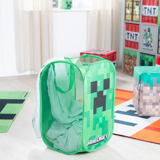 Panier à linge 'Minecraft' – Pliable avec 2 poignées – Design Creeper – Vert / Noir