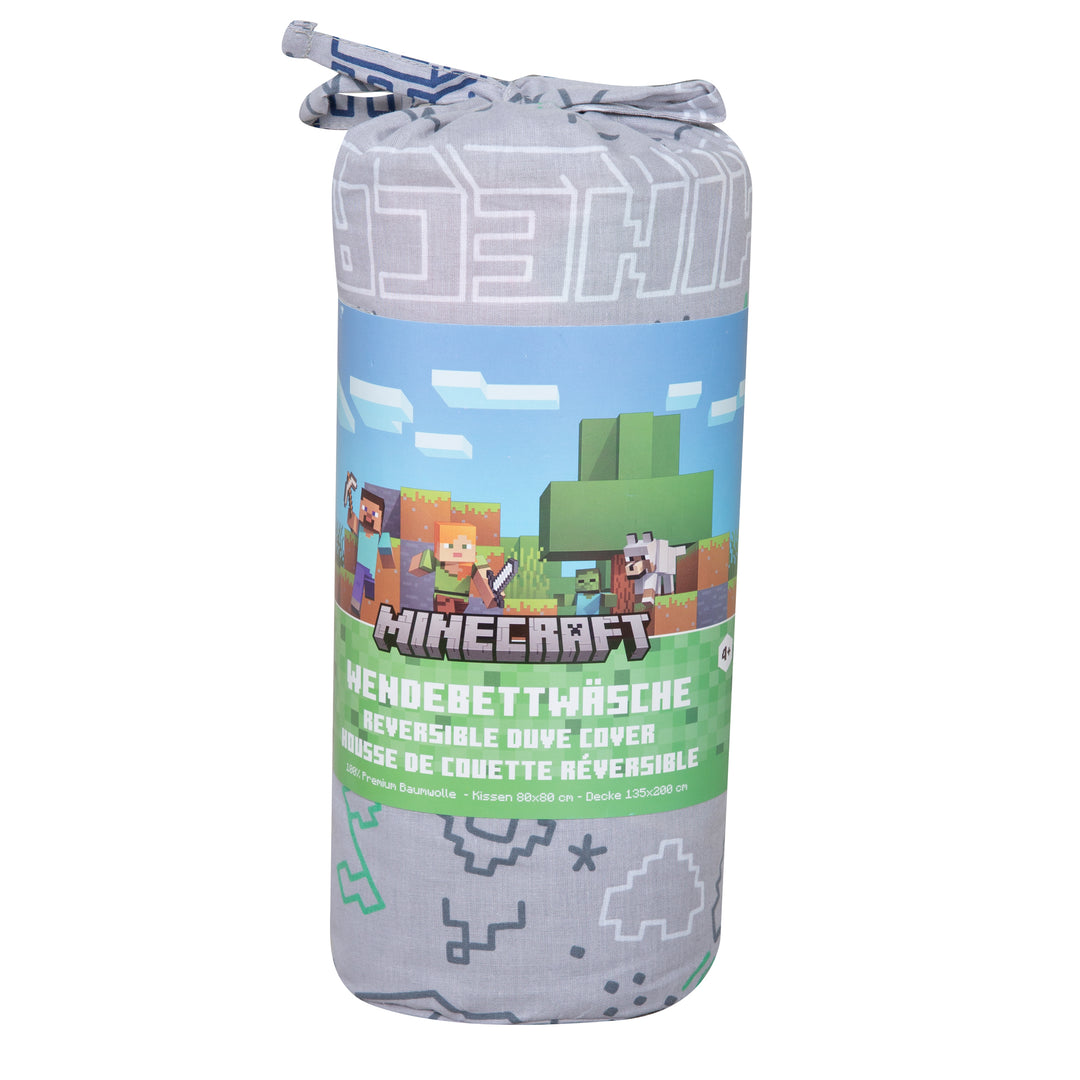 Housse de couette réversible 135 x 200 cm 'Minecraft' avec fermeture éclair - coton - gris / anthracite