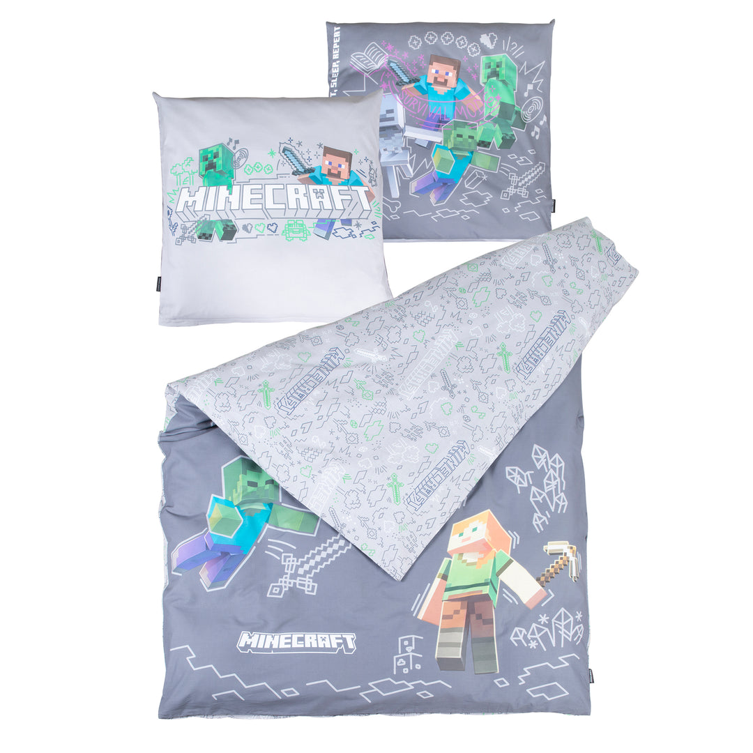 Housse de couette réversible 135 x 200 cm 'Minecraft' avec fermeture éclair - coton - gris / anthracite