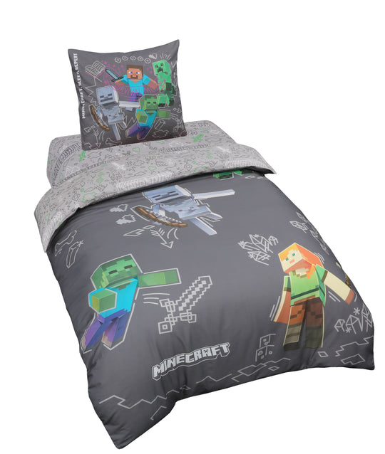 Housse de couette réversible 135 x 200 cm 'Minecraft' avec fermeture éclair - coton - gris / anthracite