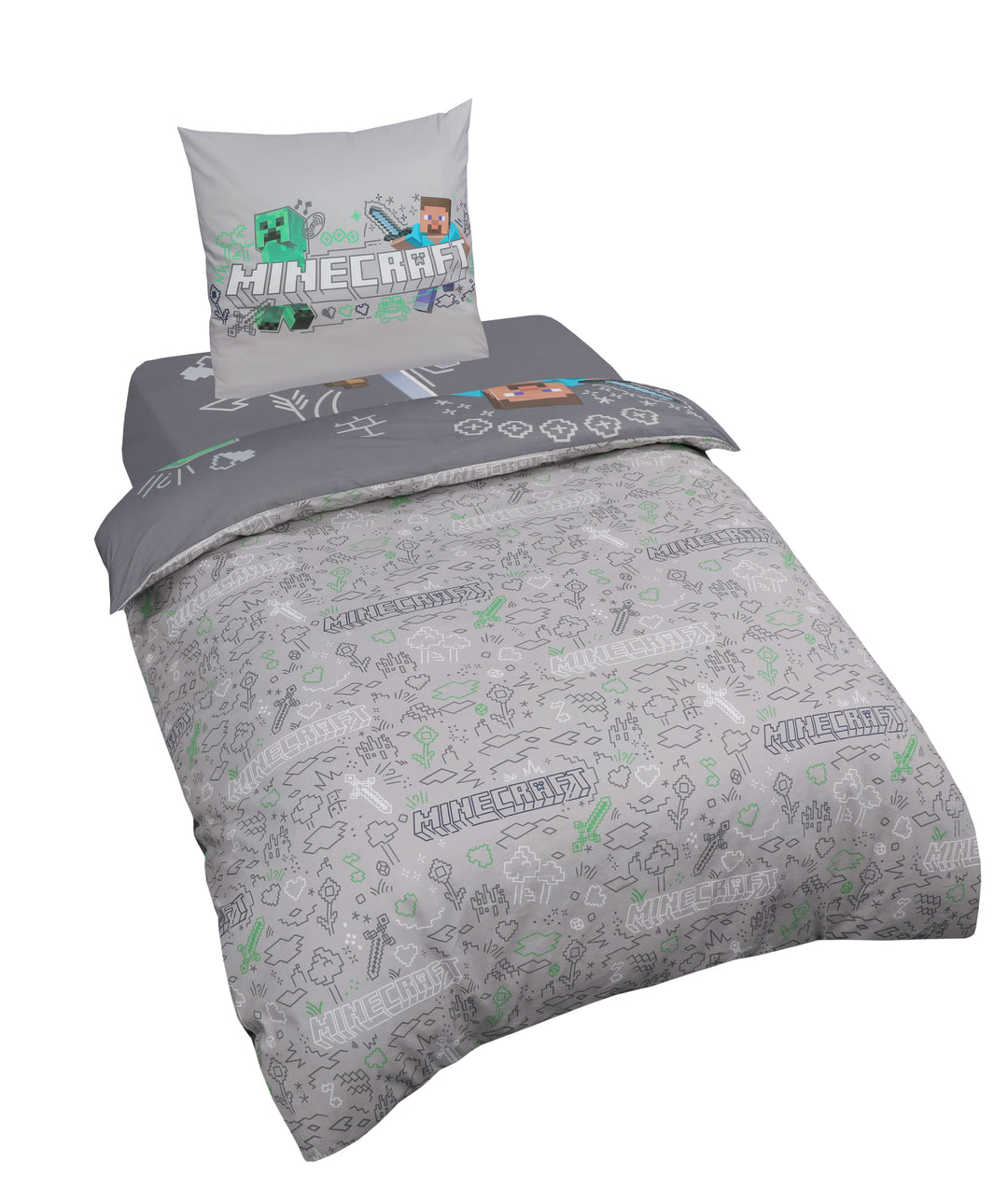 Housse de couette réversible 135 x 200 cm 'Minecraft' avec fermeture éclair - coton - gris / anthracite