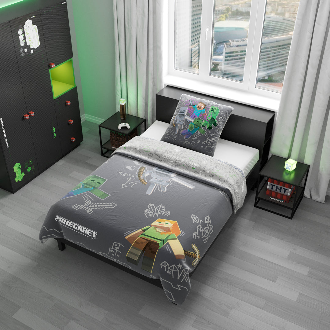 Housse de couette réversible 135 x 200 cm 'Minecraft' avec fermeture éclair - coton - gris / anthracite