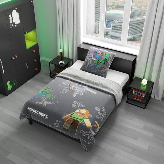 Housse de couette réversible 135 x 200 cm 'Minecraft' avec fermeture éclair - coton - gris / anthracite