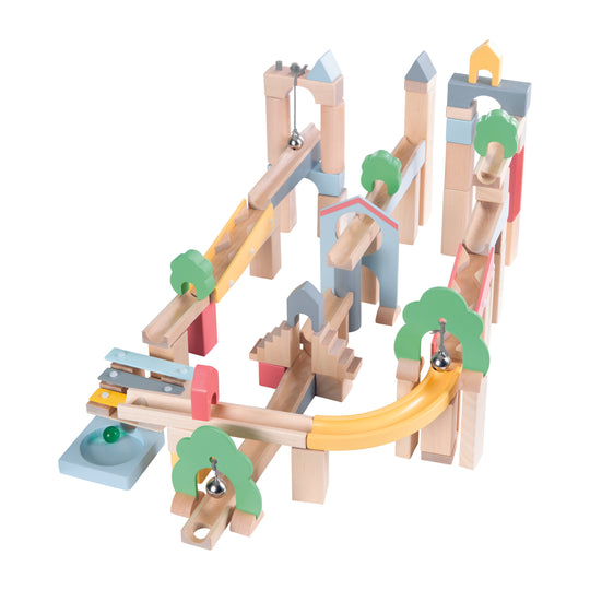 Pista di marmo in legno 60 pezzi incl. set di prolunghe da 20 pezzi per la costruzione del paesaggio