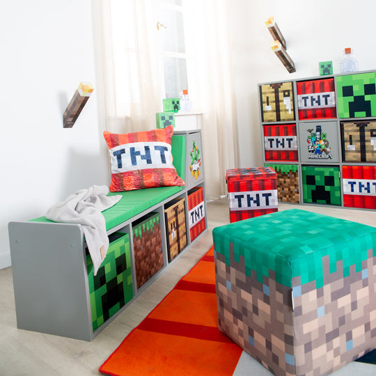 Banc de lecture 'Minecraft' avec coussin et boîtes de rangement