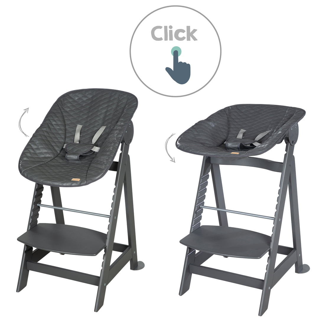 Seggiolone pappa 'Born Up' 2in1 in antracite, con barra paracolpi 'Graphite quilted'.