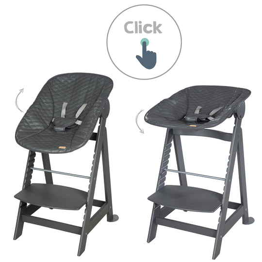 Seggiolone pappa 'Born Up' 2in1 in antracite, con barra paracolpi 'Graphite quilted'.