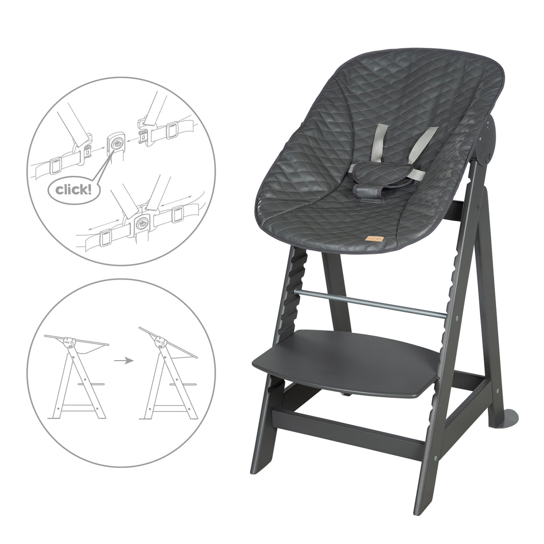 Seggiolone pappa 'Born Up' 2in1 in antracite, con barra paracolpi 'Graphite quilted'.