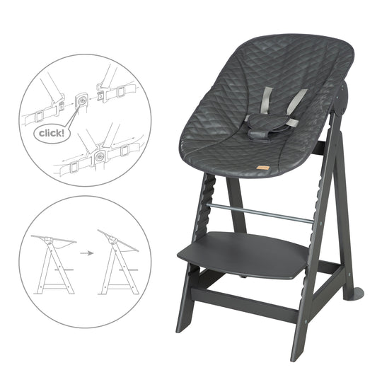 Seggiolone pappa 'Born Up' 2in1 in antracite, con barra paracolpi 'Graphite quilted'.