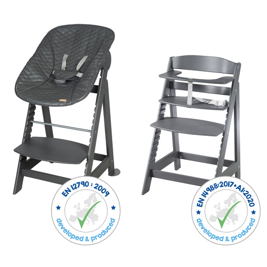 Seggiolone pappa 'Born Up' 2in1 in antracite, con barra paracolpi 'Graphite quilted'.