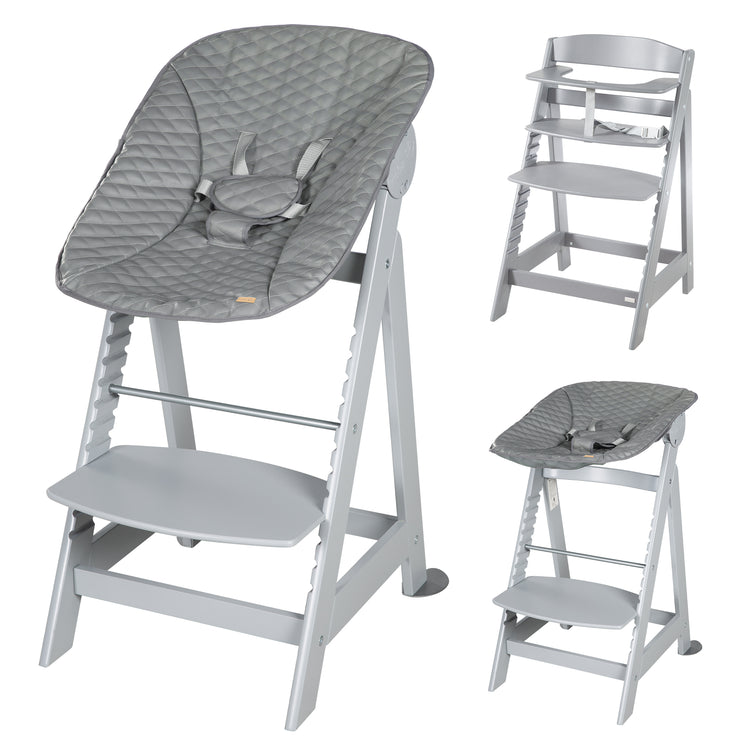 Chaise haute 'Born Up' Set 2in1 en gris, avec transat 'Stone matelassé'