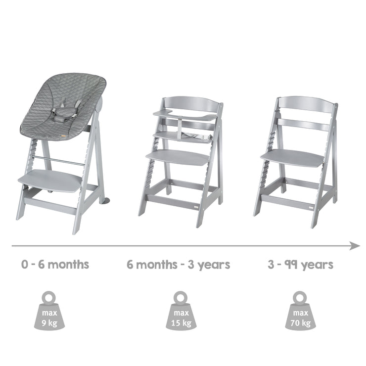Chaise haute 'Born Up' Set 2in1 en gris, avec transat 'Stone matelassé'