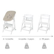 Chaise haute 'Born Up' set 2en1 en blanc, incl. transat 'Greyish matelassé'