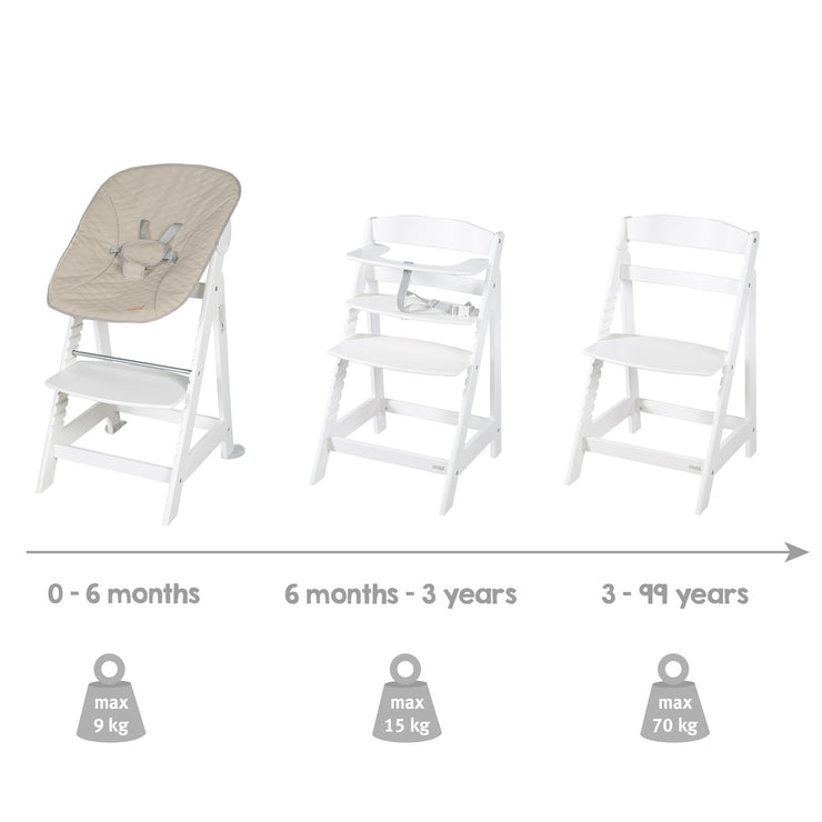 Chaise haute 'Born Up' set 2en1 en blanc, incl. transat 'Greyish matelassé'