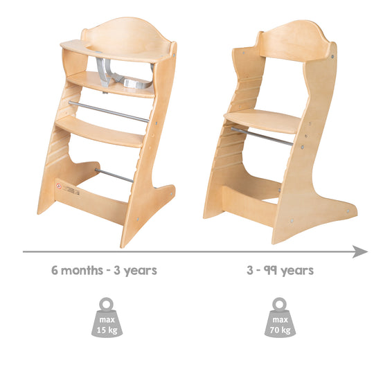 High Chair 'Chair Up', Adjustable High Chair for Babies & Children, Wood, Natural