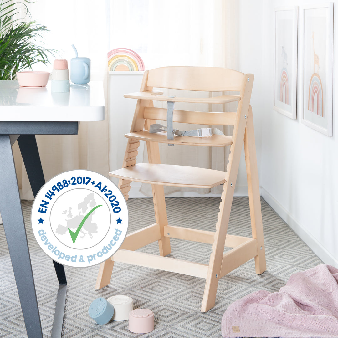 Trona combinada 'Sit Up Flex', ajustable hasta la silla juvenil, madera natural