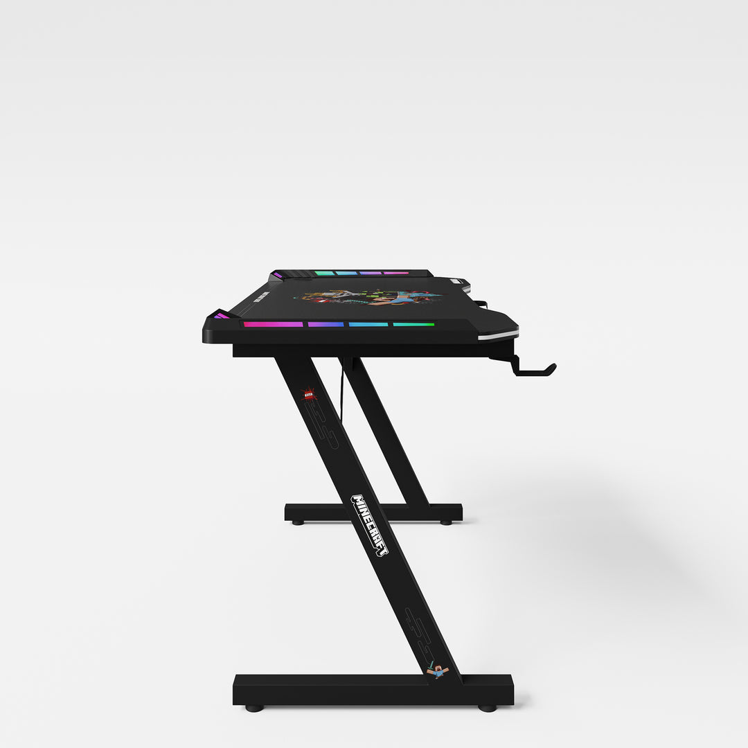 Bureau de jeu avec LED 'Minecraft' - support pour tasse et casque - pied en Z en métal