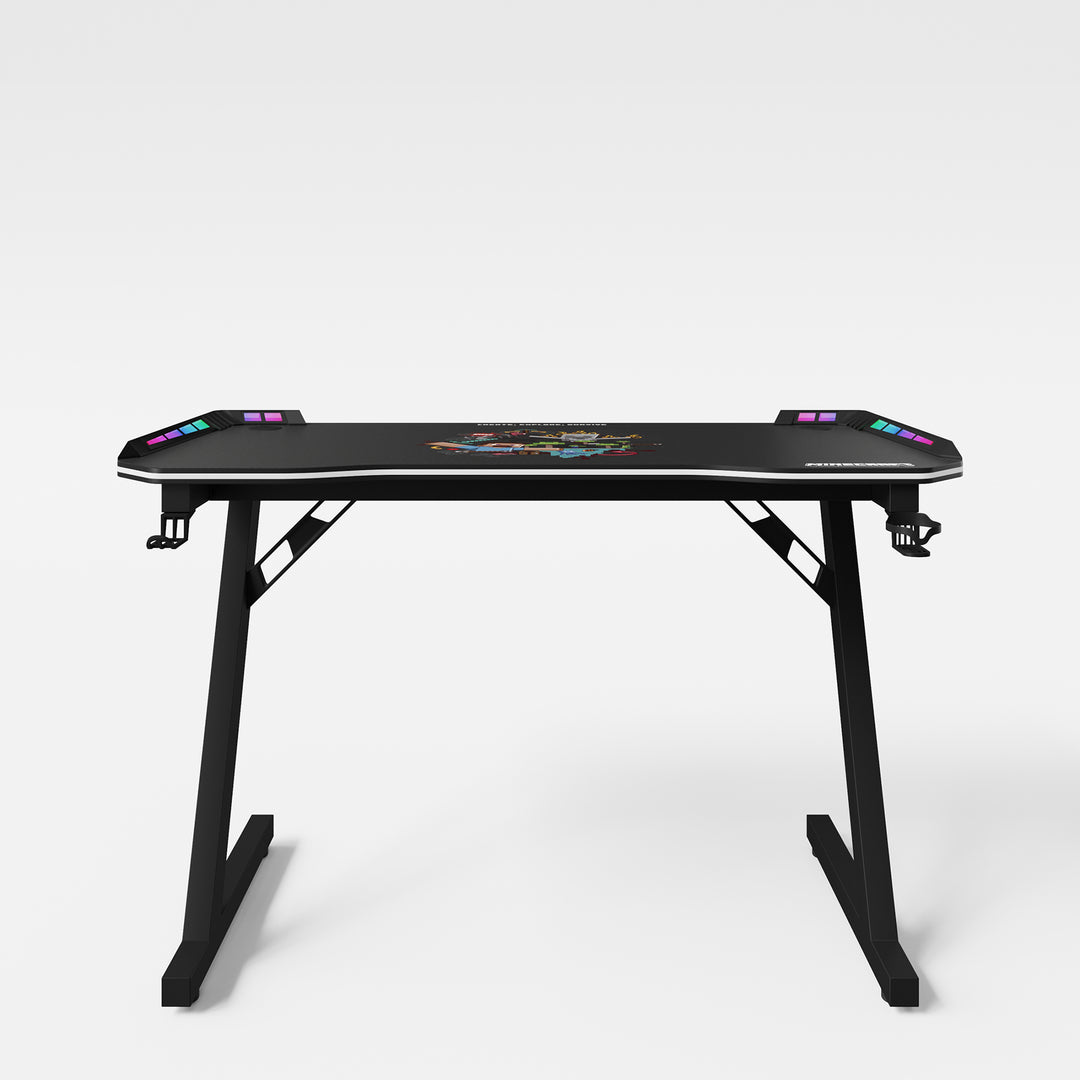 Bureau de jeu avec LED 'Minecraft' - support pour tasse et casque - pied en Z en métal