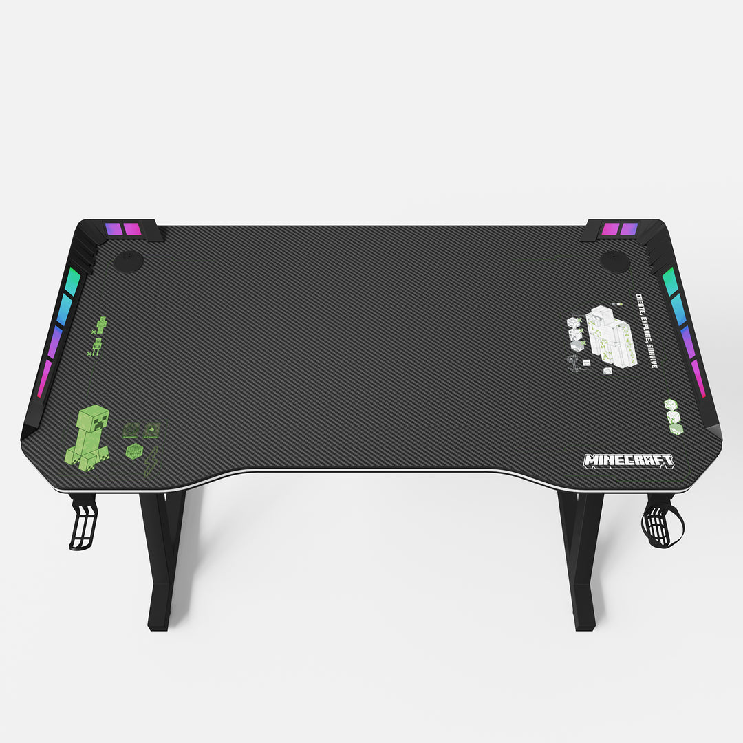 Bureau de jeu avec LED 'Minecraft' - support pour tasse et casque - pied en Z en métal