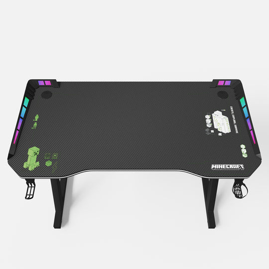 Bureau de jeu avec LED 'Minecraft' - support pour tasse et casque - pied en Z en métal